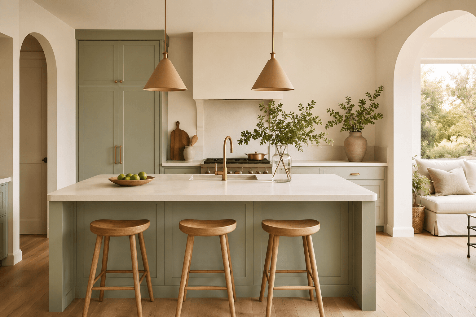 Bright decluttered modern kitchen diner with sage cabinets